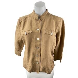 Emma James Women's Beige Linen Collared 3/4 Sleeves Button Down Shirt Top Sz 12P